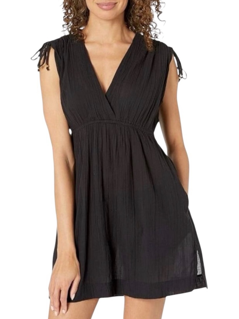 Ralph Lauren Black Cotton V-Neck Tie-Shoulder Mini Dress Swim Cover Up Size XL - Picture 2 of 12